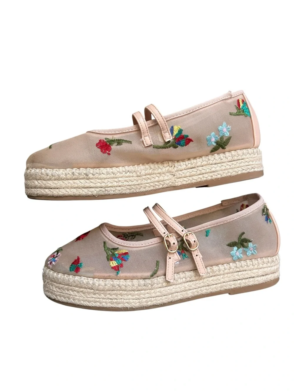 Bamboo Beige Embroidered Mary Jane Espadrille Flats size 5.5